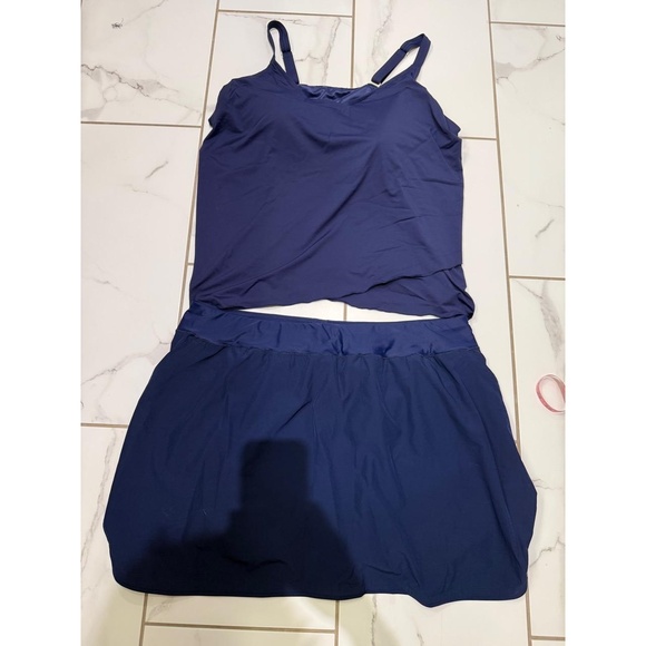 Lands End Womens Tankini Set 3X 24W Navy Blue Swim Skirt Built-in Bra Liner - Picture 1 of 6